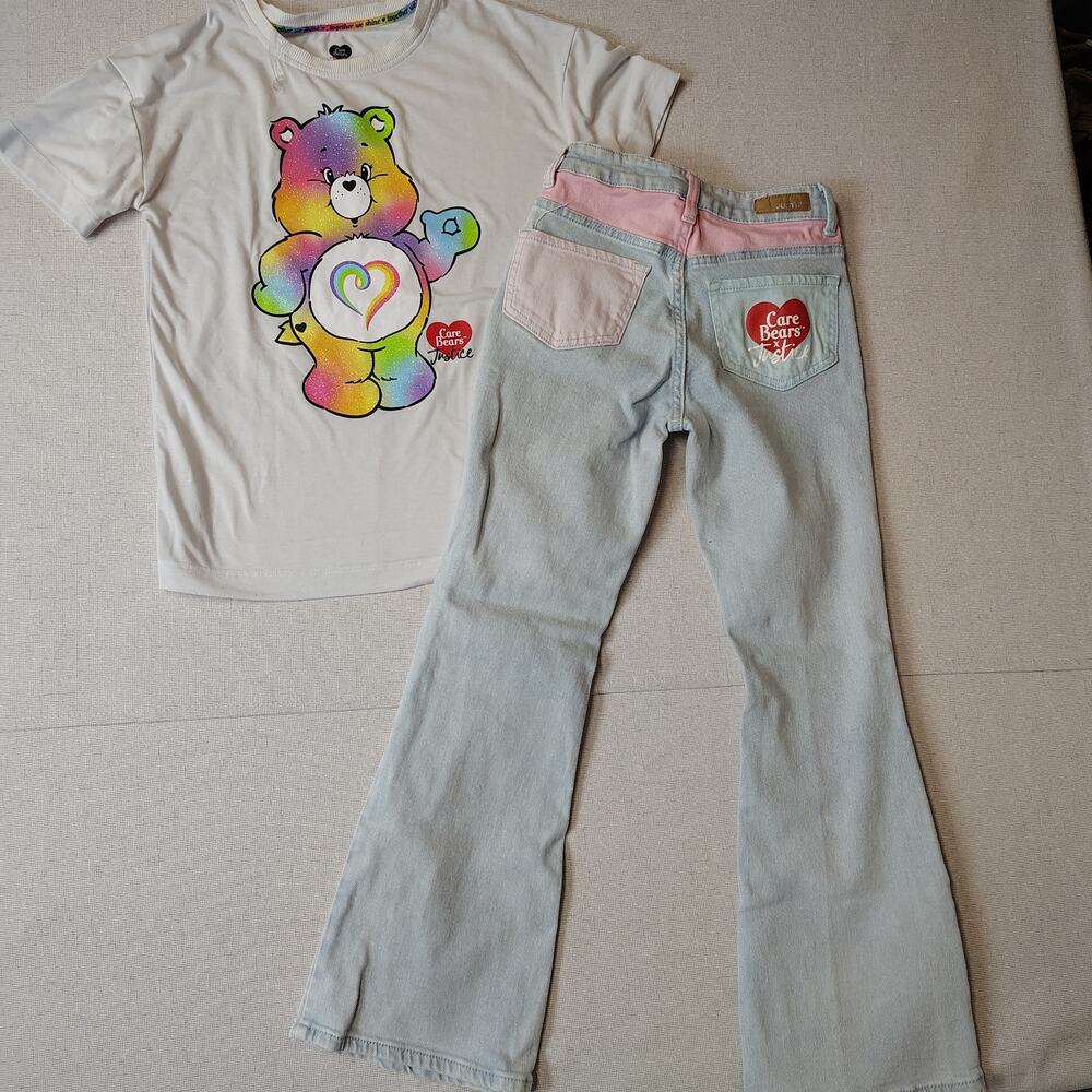 Care Bears x Justice Girls 10 Flare Jeans Graphic Tee Outfit Set Y2K Rainbow
